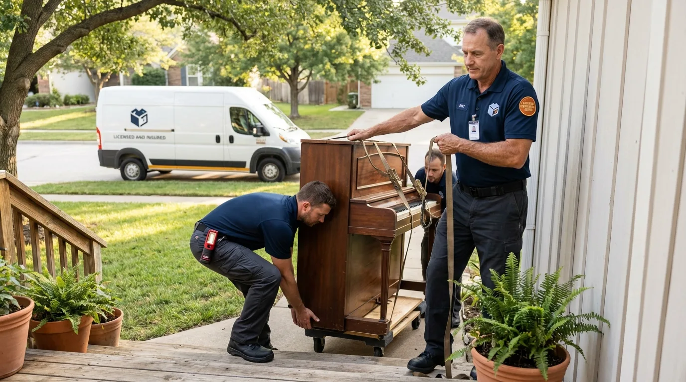 Licensed piano movers securing grand piano in La Jolla, CA