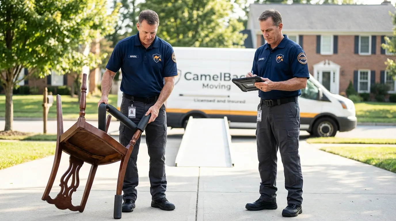 Movers inspecting furniture for damage prevention before loading in La Jolla, CA