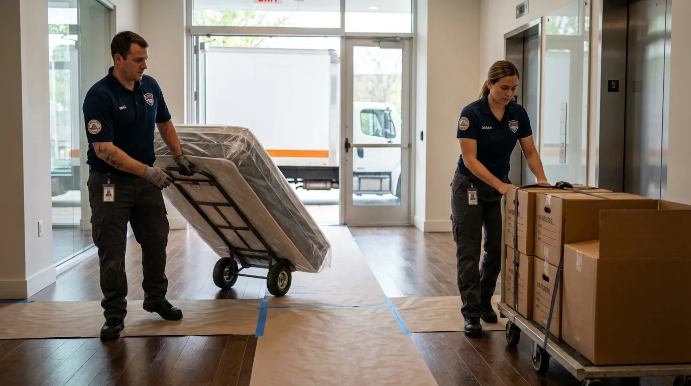 Professional apartment movers loading elevator in La Jolla, CA