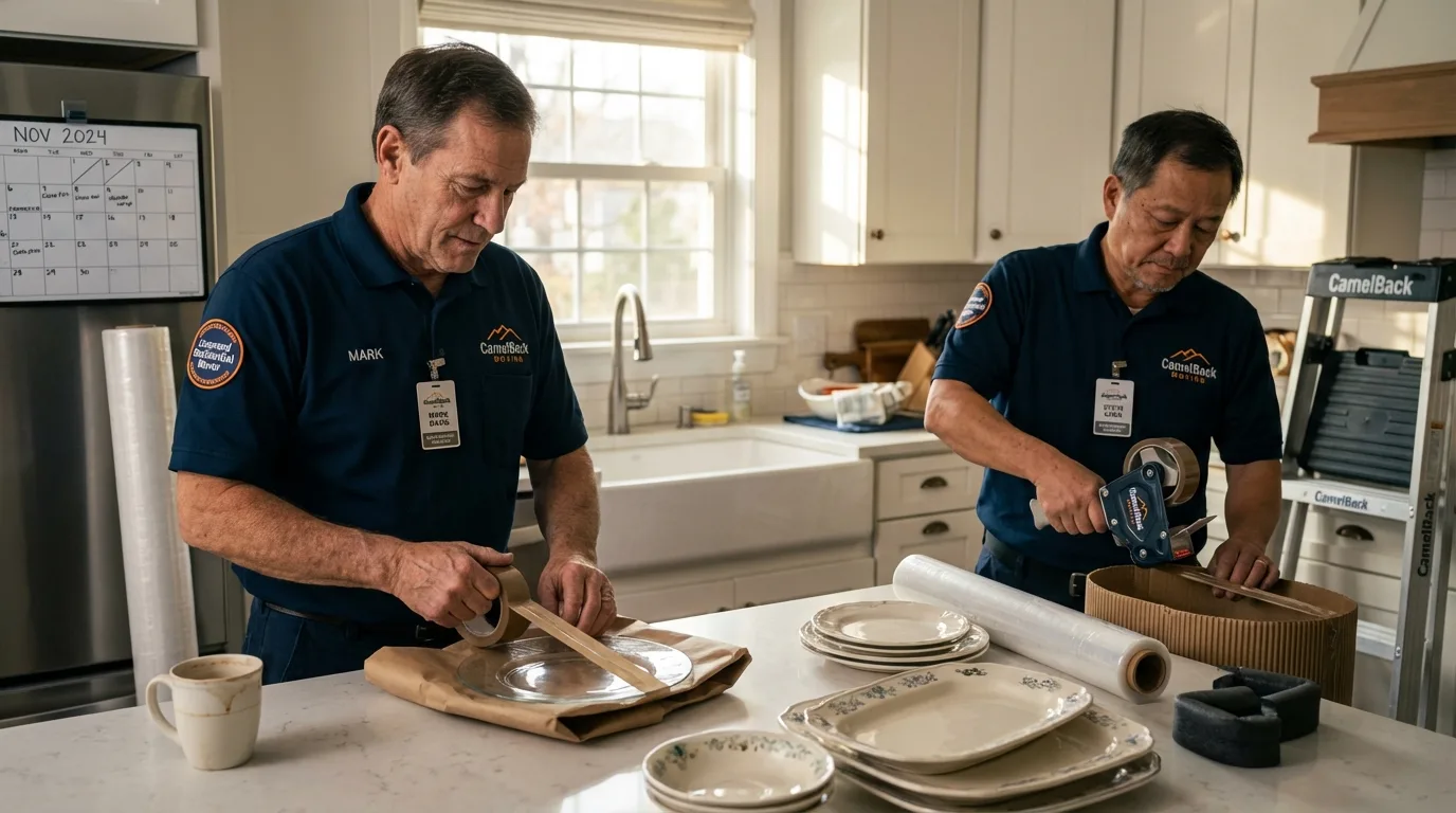Professional crew packing kitchen dishware in La Jolla, CA